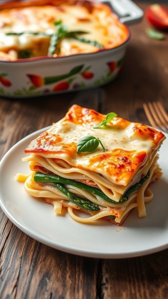Slice of asparagus and ricotta lasagna on a plate, garnished with basil, with a baking dish of lasagna in the background.